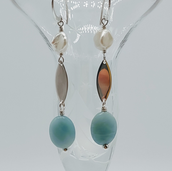 Sterling Silver Amazonite Freshwater Pearl Drop Earrings - Picture 3 of 6
